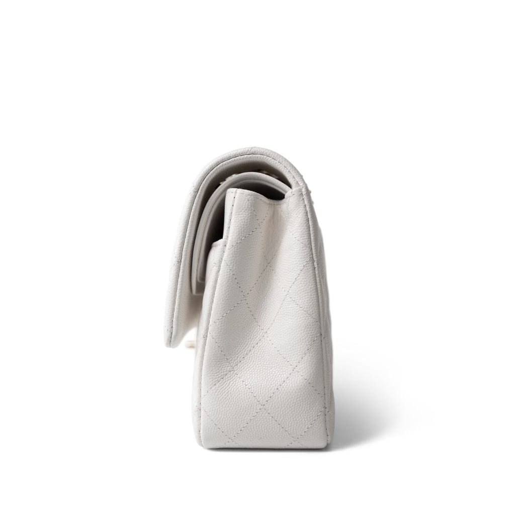 20S White Caviar Quilted Classic Flap Medium Light Gold Hardware