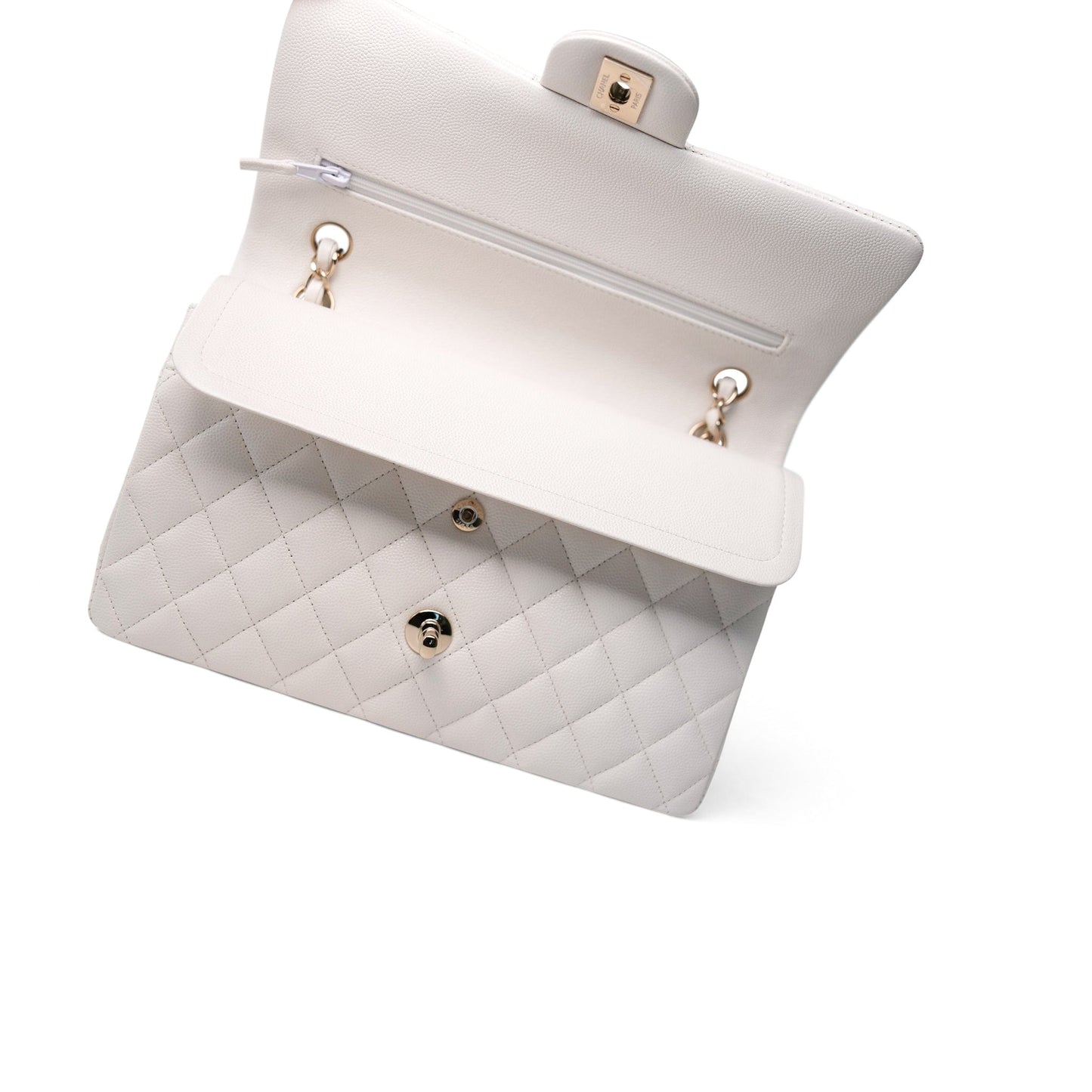 21C White Caviar Quilted Classic Flap Medium Light Gold Hardware