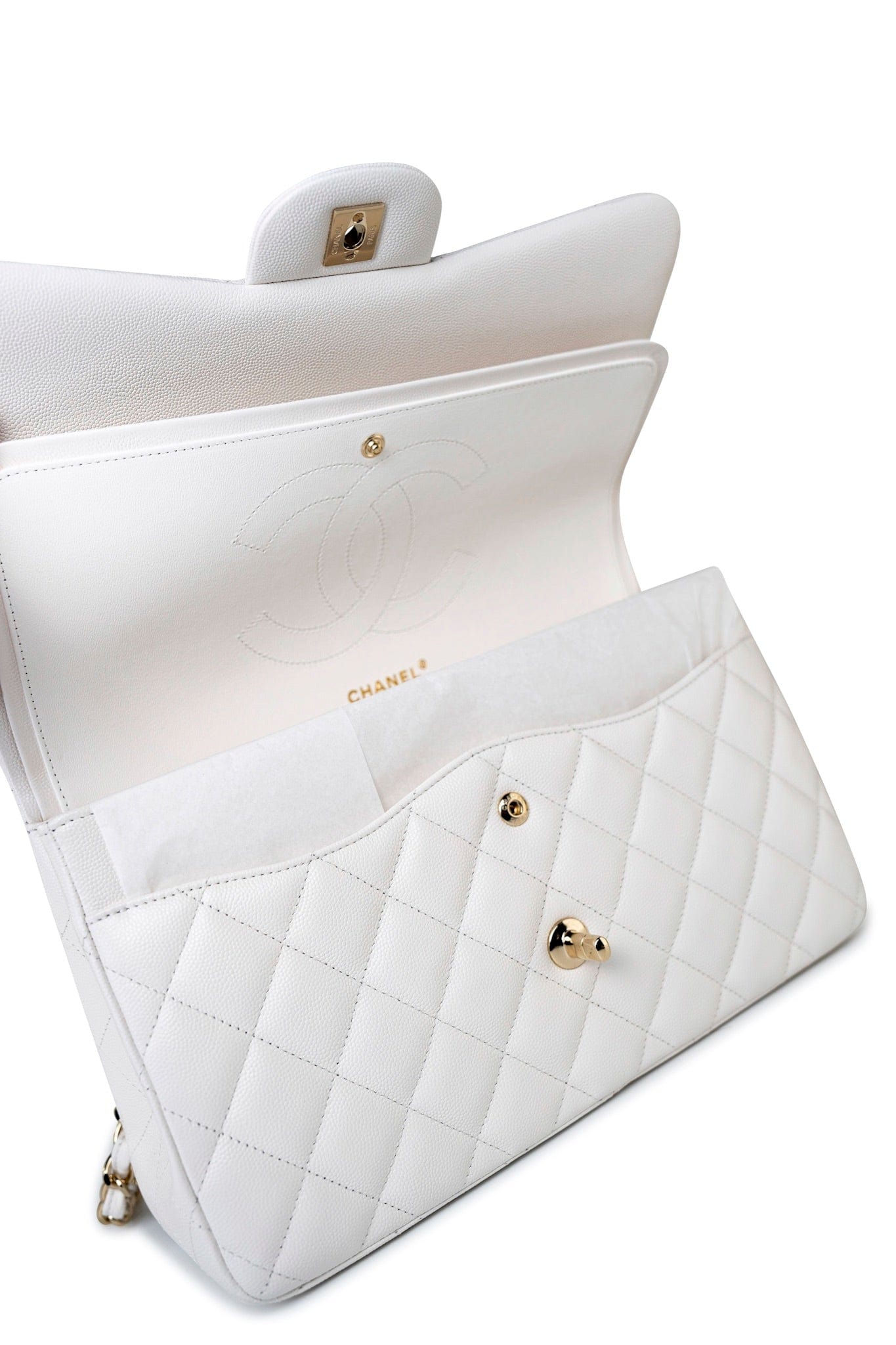 21S Jumbo White Caviar Quilted Classic Flap Light Gold Hardware