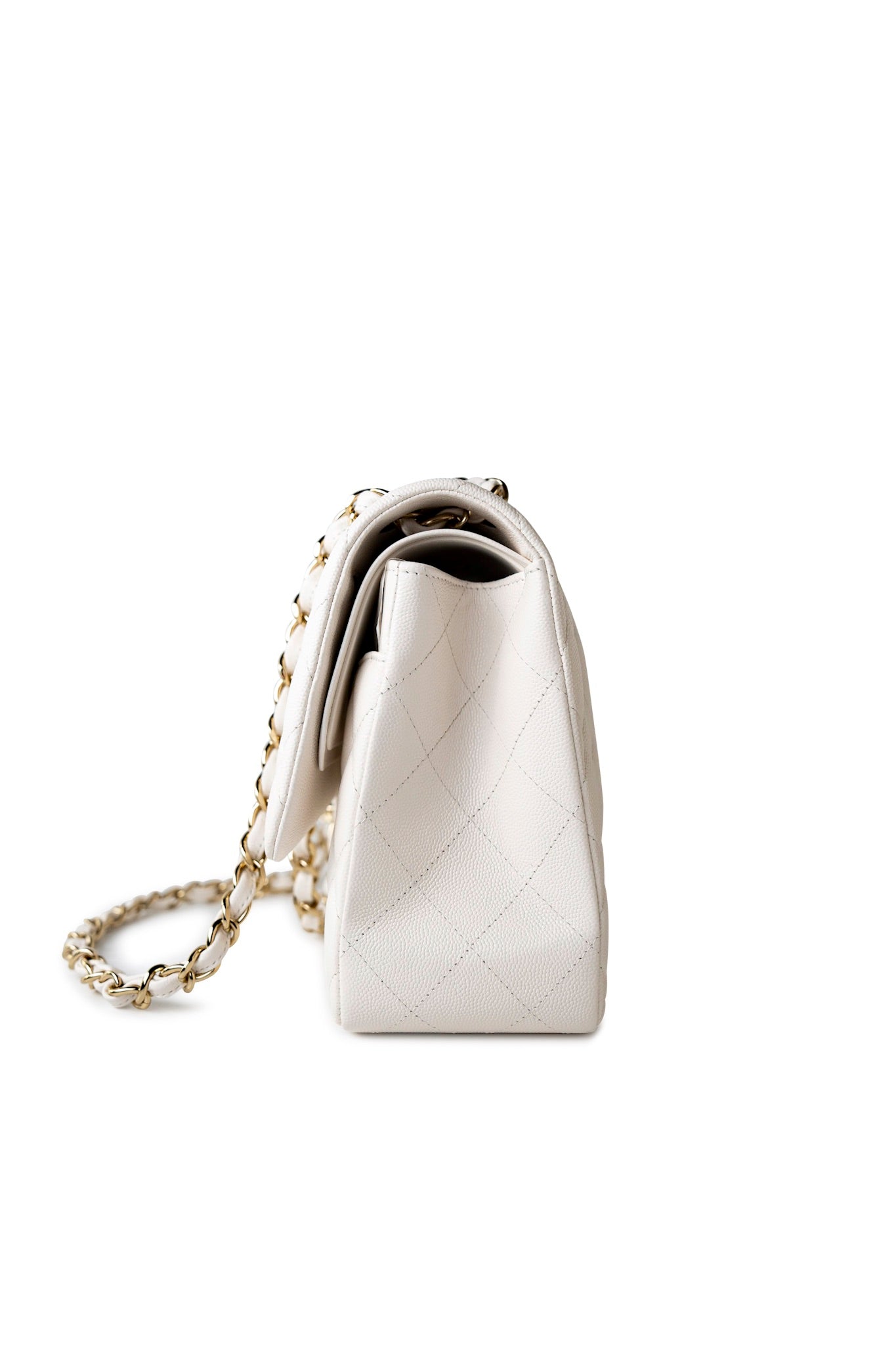 21S Jumbo White Caviar Quilted Classic Flap Light Gold Hardware