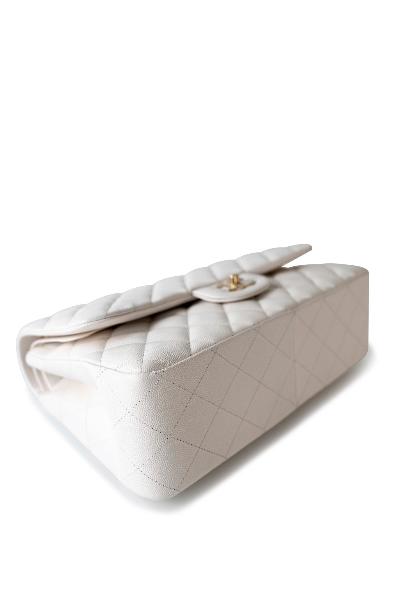 21S Jumbo White Caviar Quilted Classic Flap Light Gold Hardware