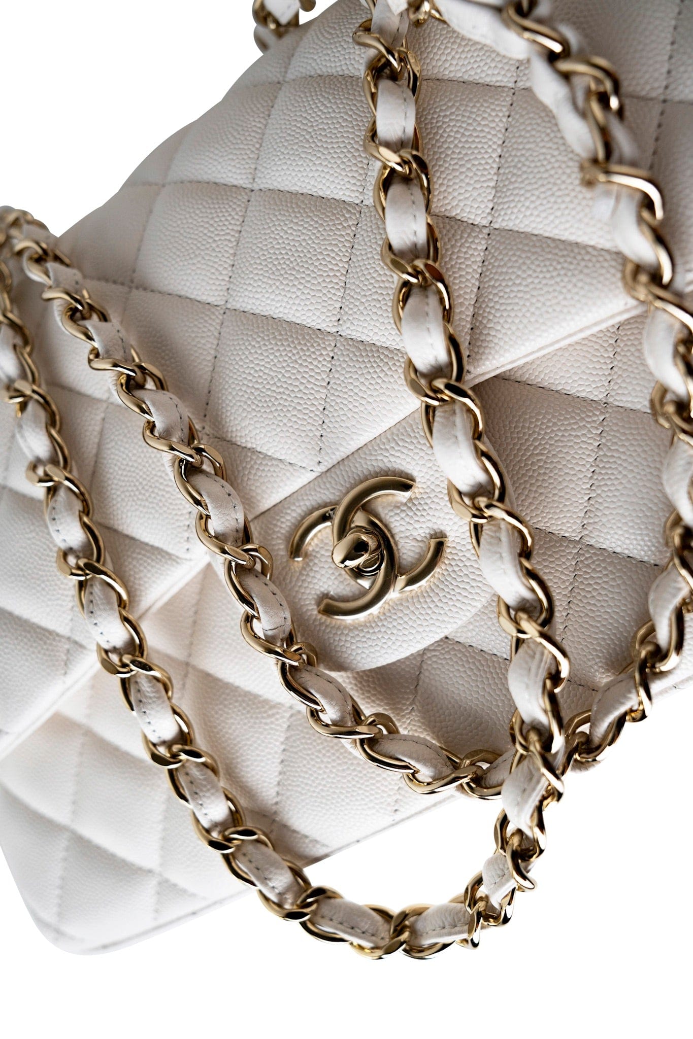21S Jumbo White Caviar Quilted Classic Flap Light Gold Hardware