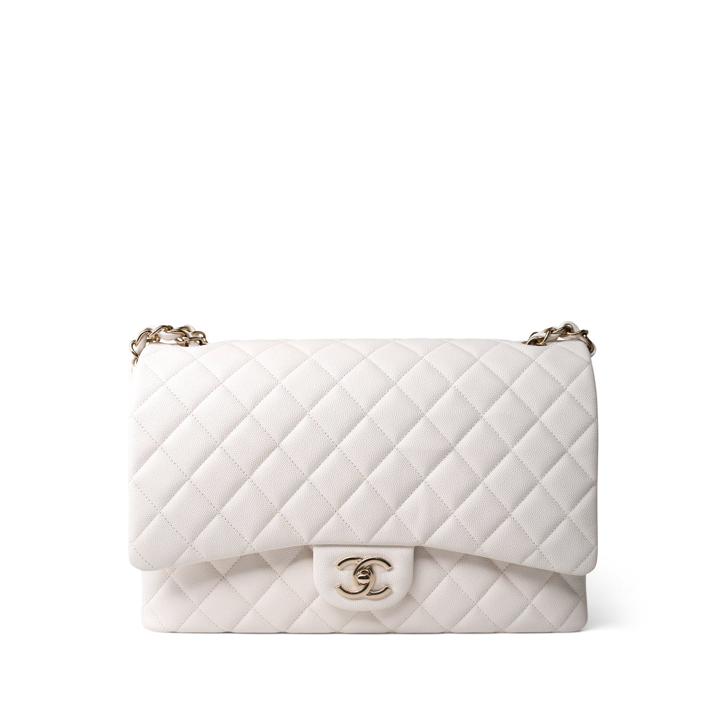 22B White Caviar Quilted Maxi Classic Flap Light Gold Hardware