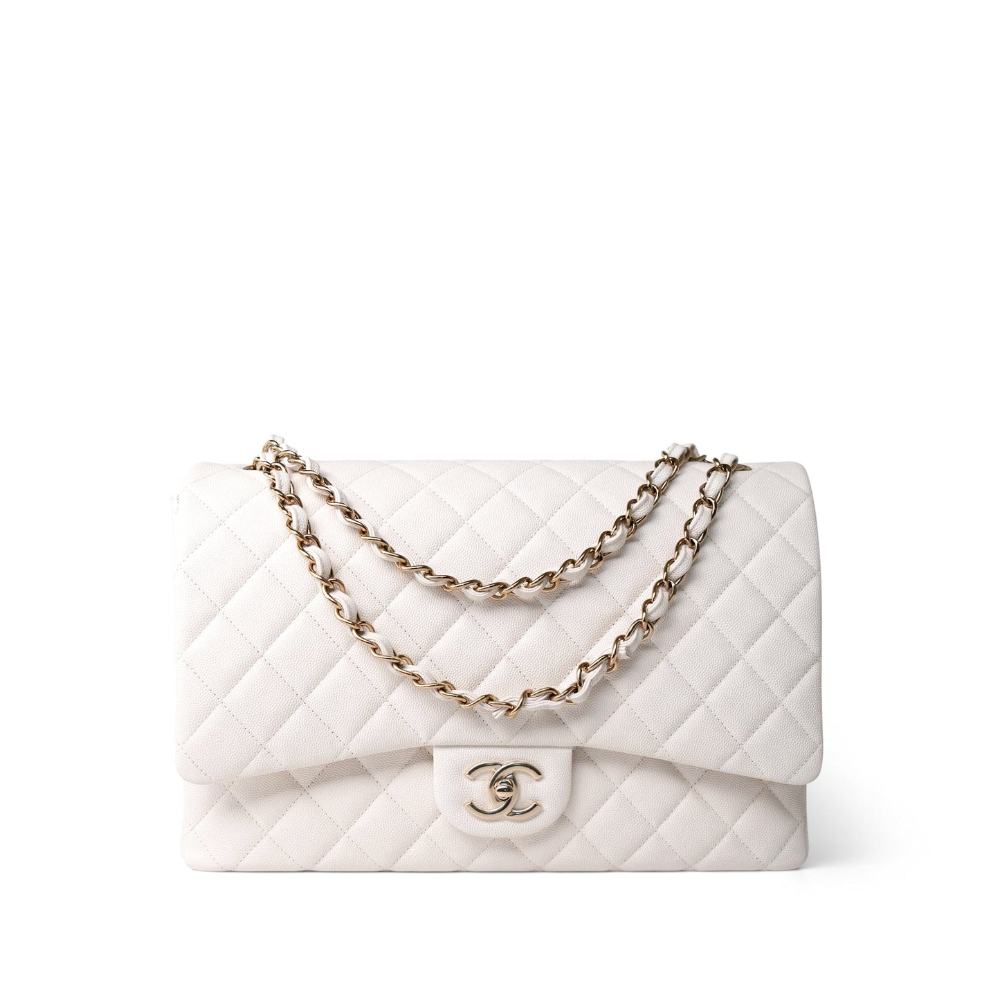 22B White Caviar Quilted Maxi Classic Flap Light Gold Hardware