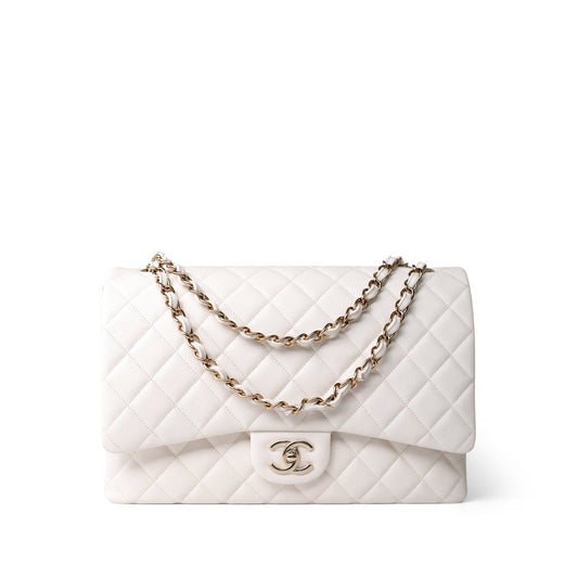 22B White Caviar Quilted Maxi Classic Flap Light Gold Hardware