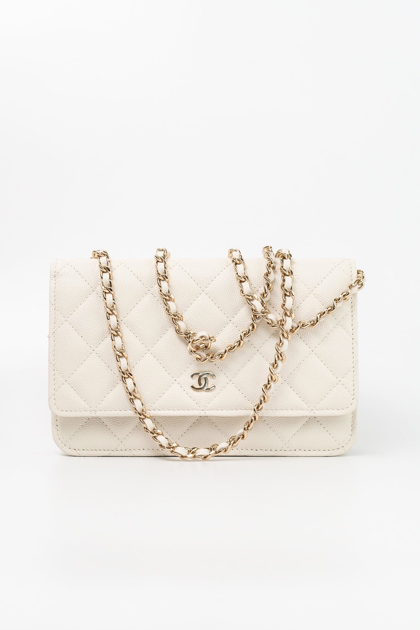 22C White Caviar Quilted Wallet On Chain WOC Light Gold Hardware