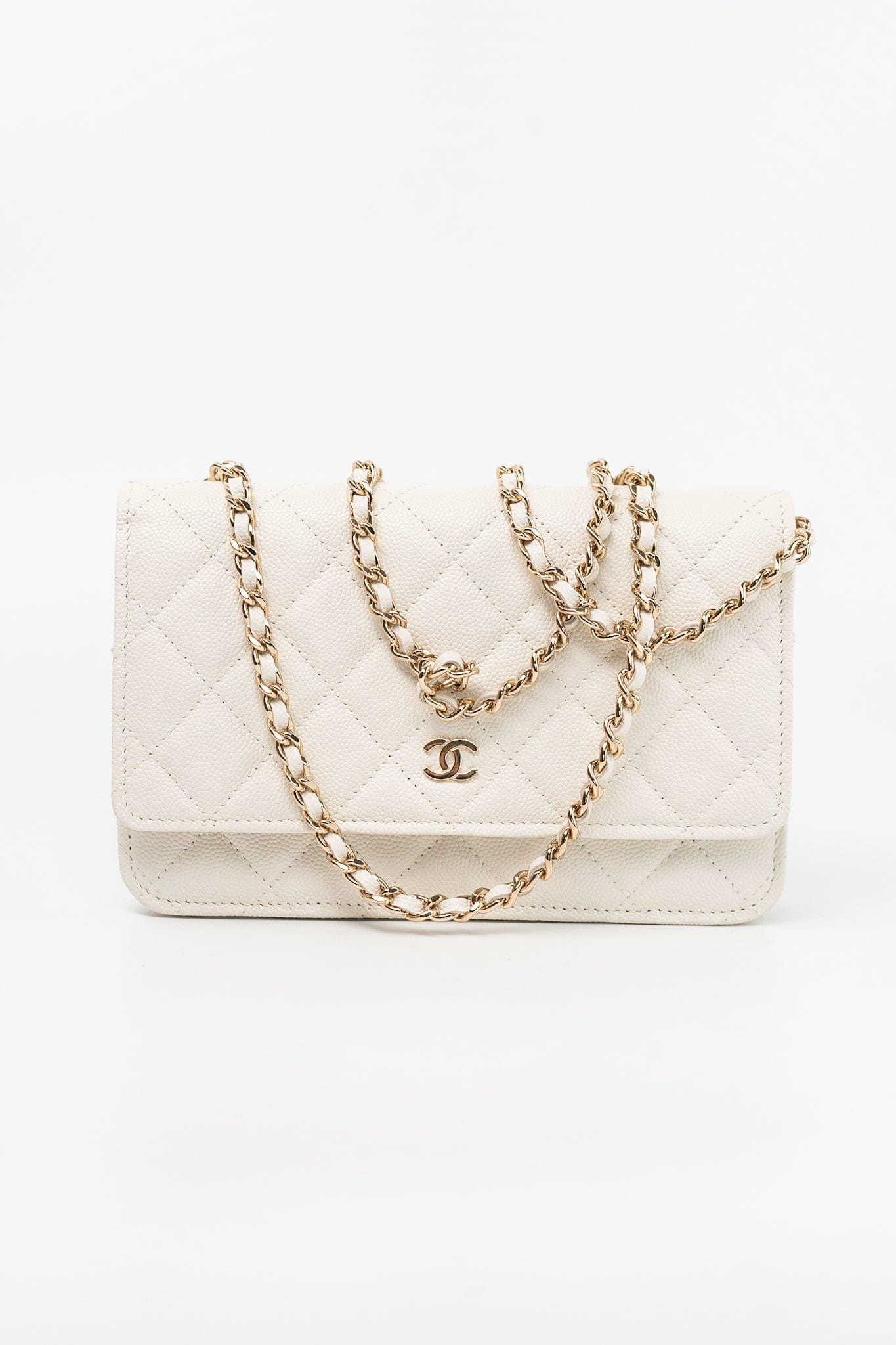 22C White Caviar Quilted Wallet On Chain WOC Light Gold Hardware