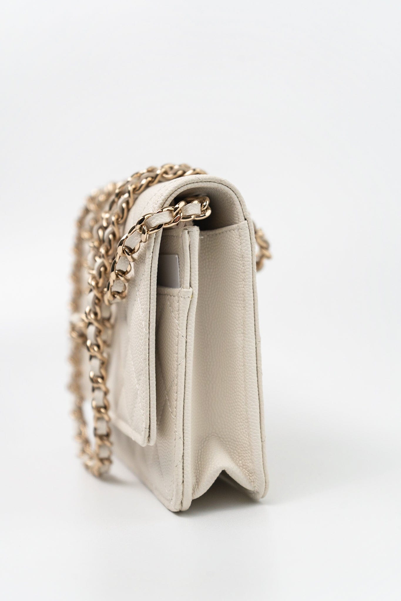 22C White Caviar Quilted Wallet On Chain WOC Light Gold Hardware