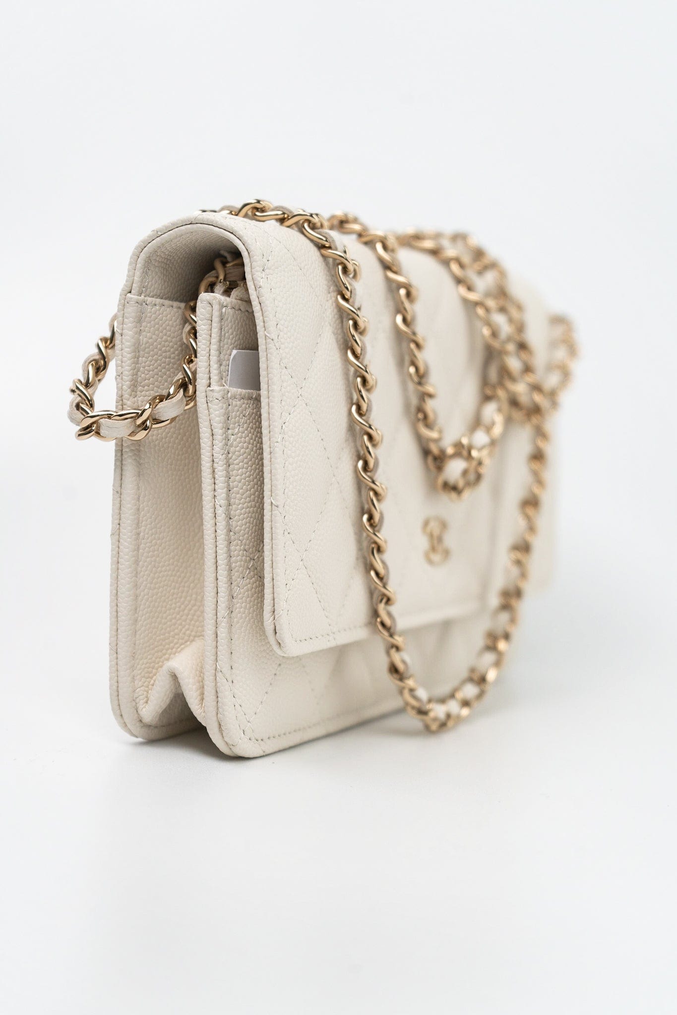 22C White Caviar Quilted Wallet On Chain WOC Light Gold Hardware