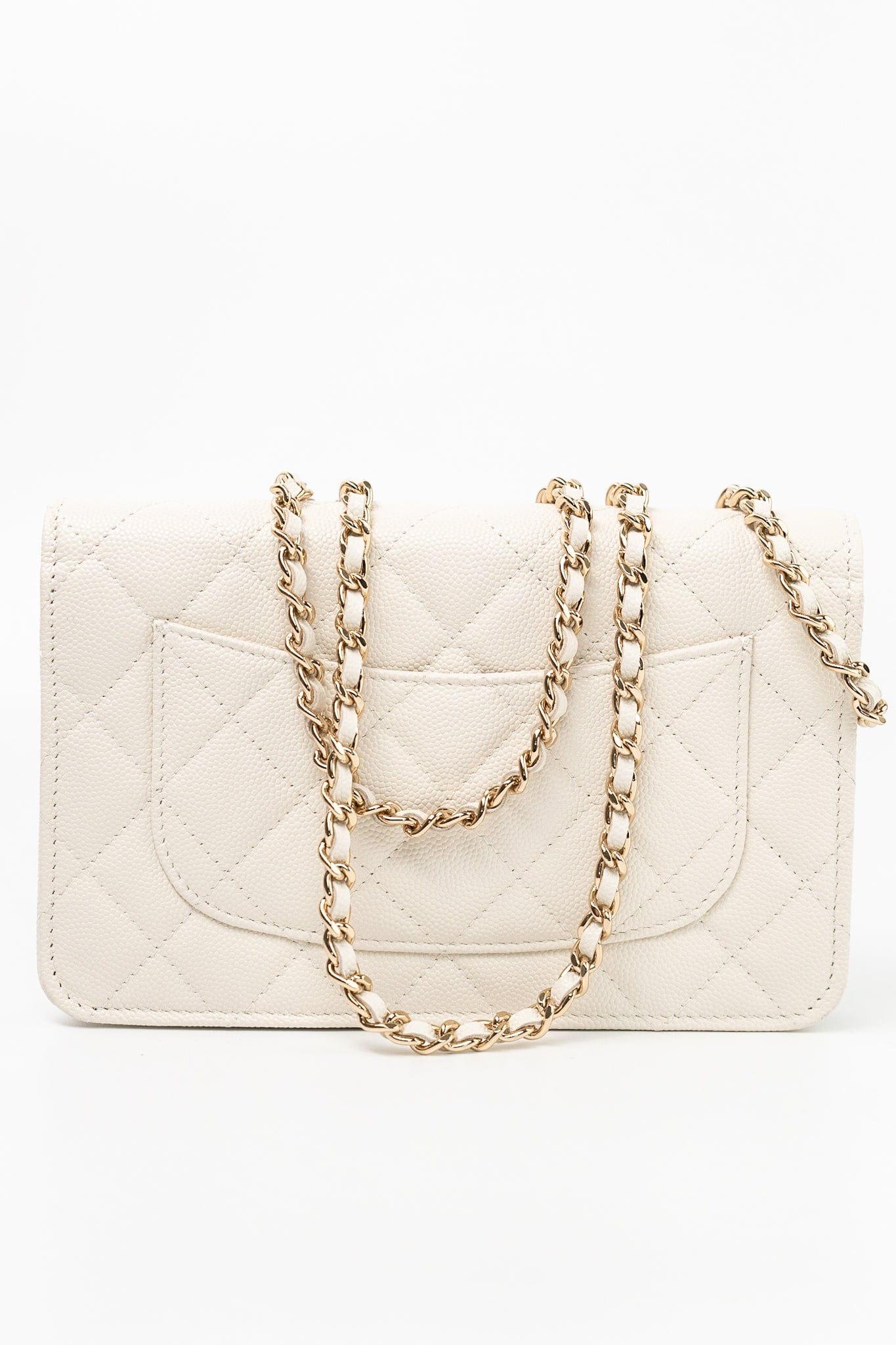 22C White Caviar Quilted Wallet On Chain WOC Light Gold Hardware