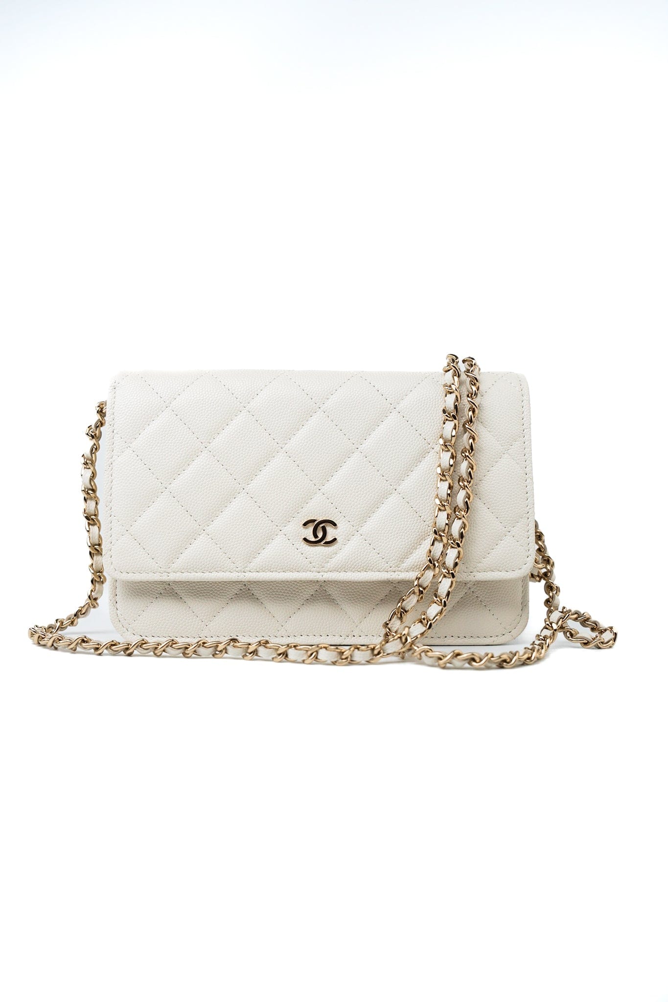 22C White Caviar Quilted Wallet On Chain WOC Light Gold Hardware