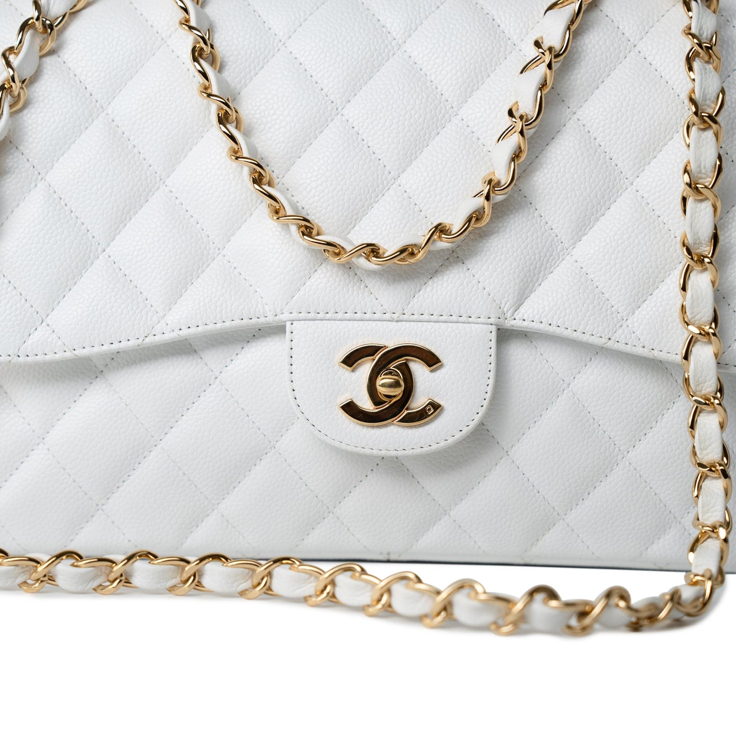 White Caviar Quilted Jumbo Single Flap Gold Hardware