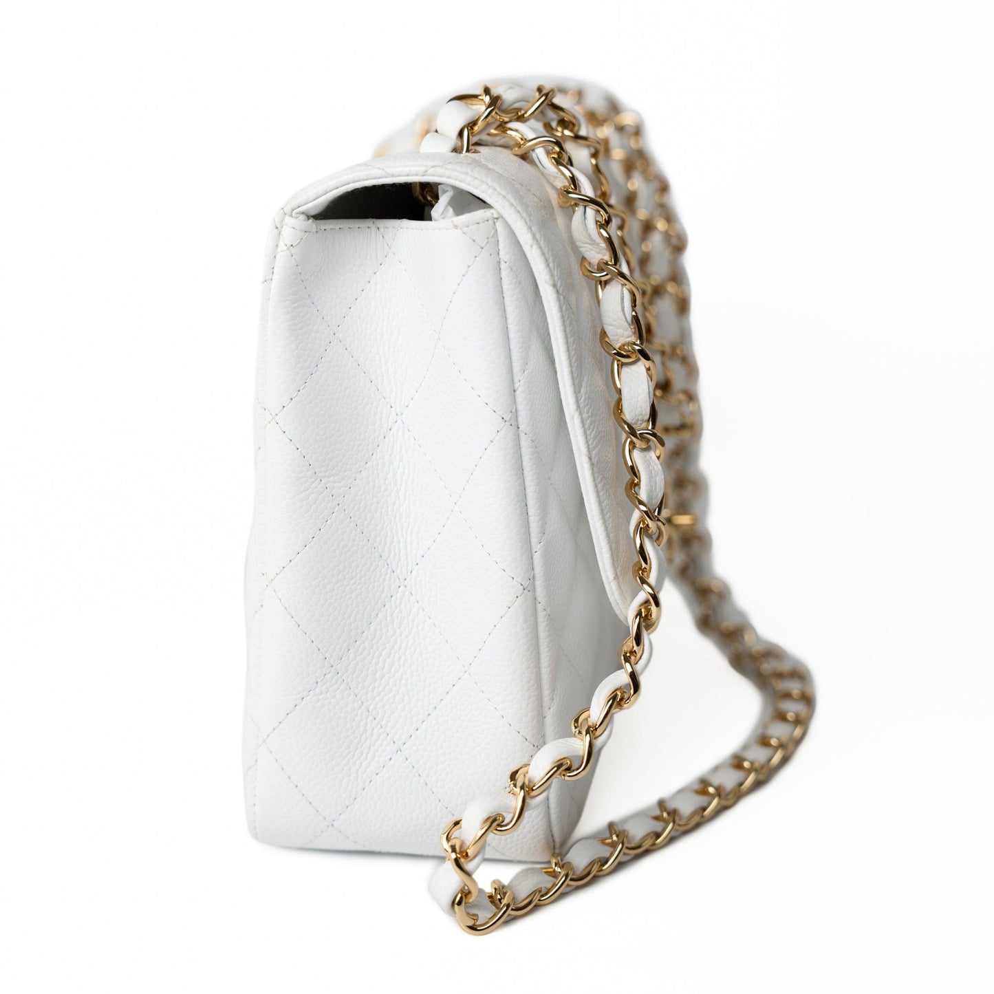 White Caviar Quilted Jumbo Single Flap Gold Hardware