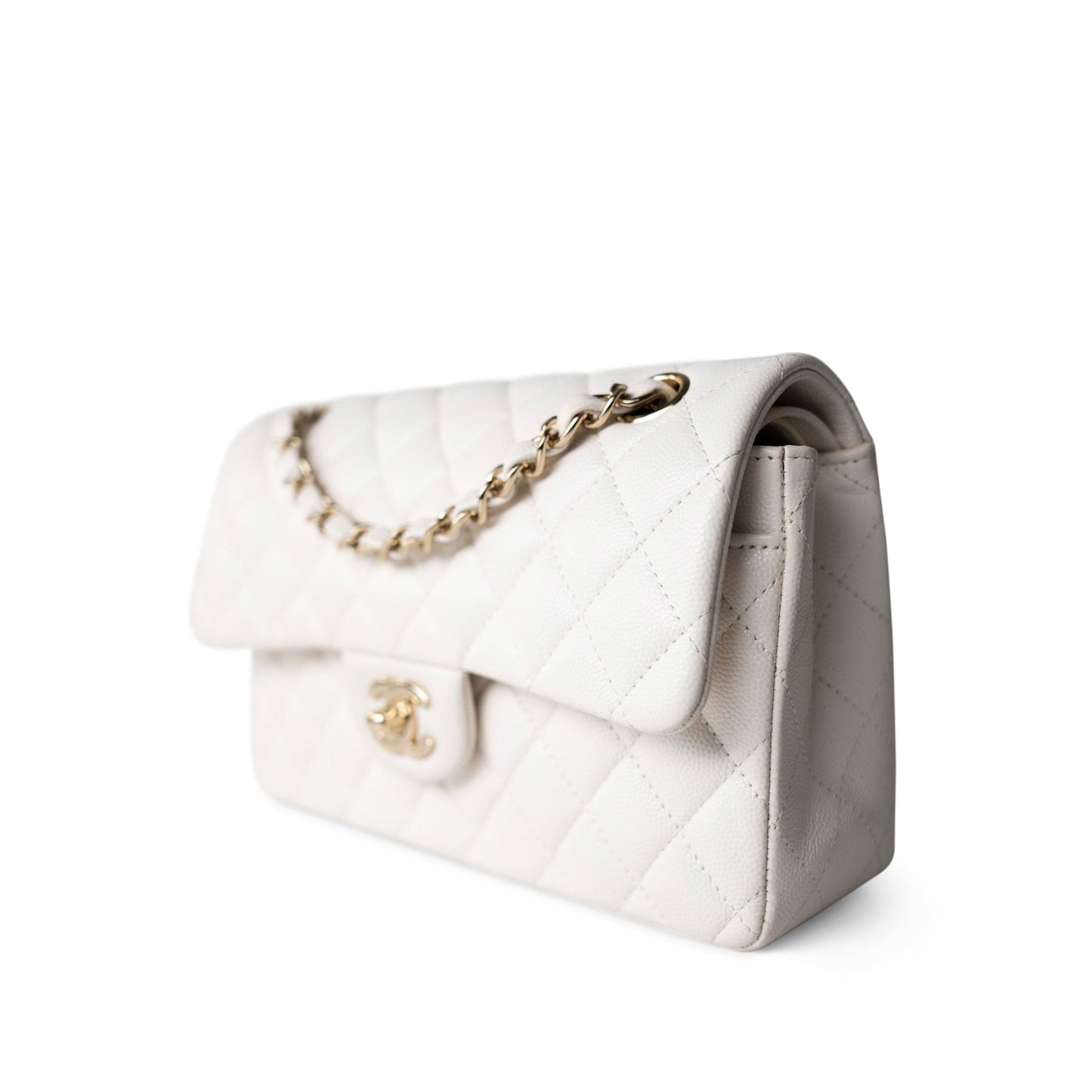 21S White Caviar Quilted Classic Flap Small Light Gold Hardware