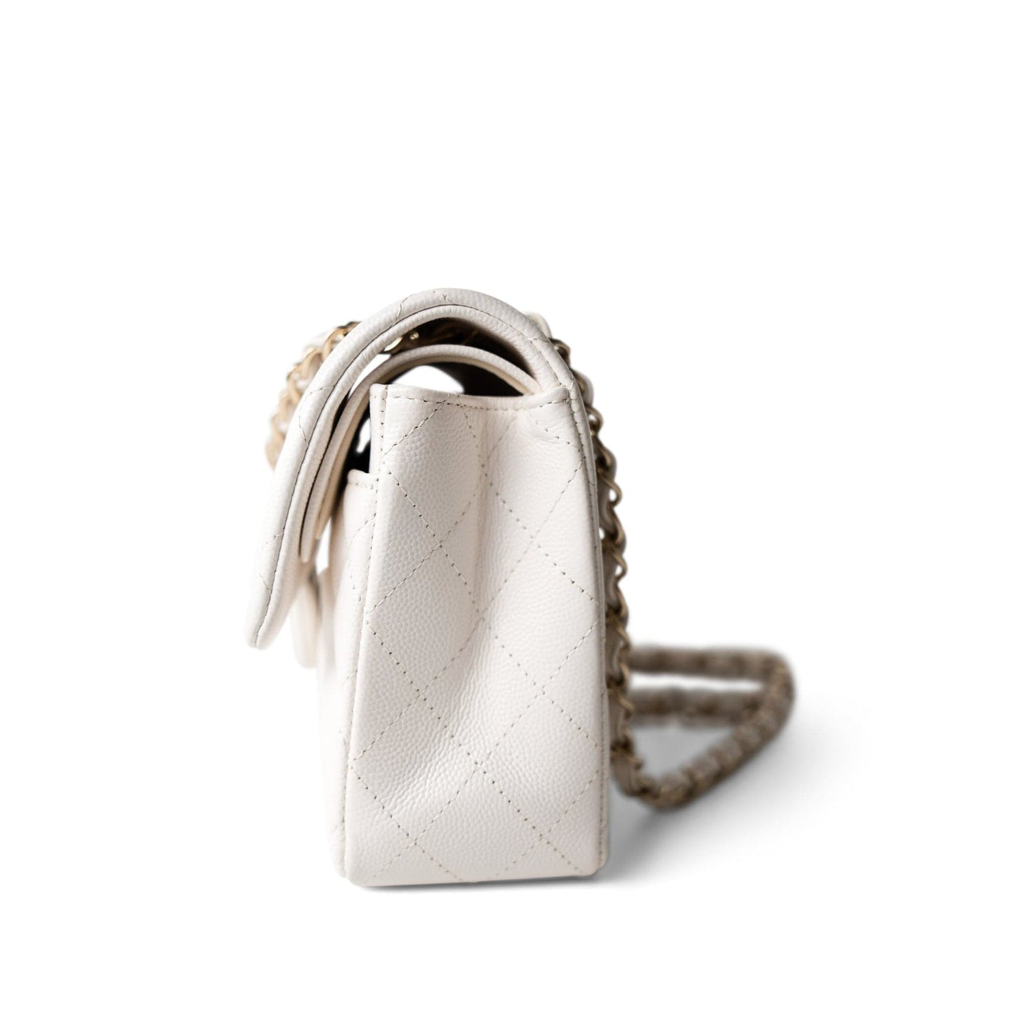 21S White Caviar Quilted Classic Flap Small Light Gold Hardware