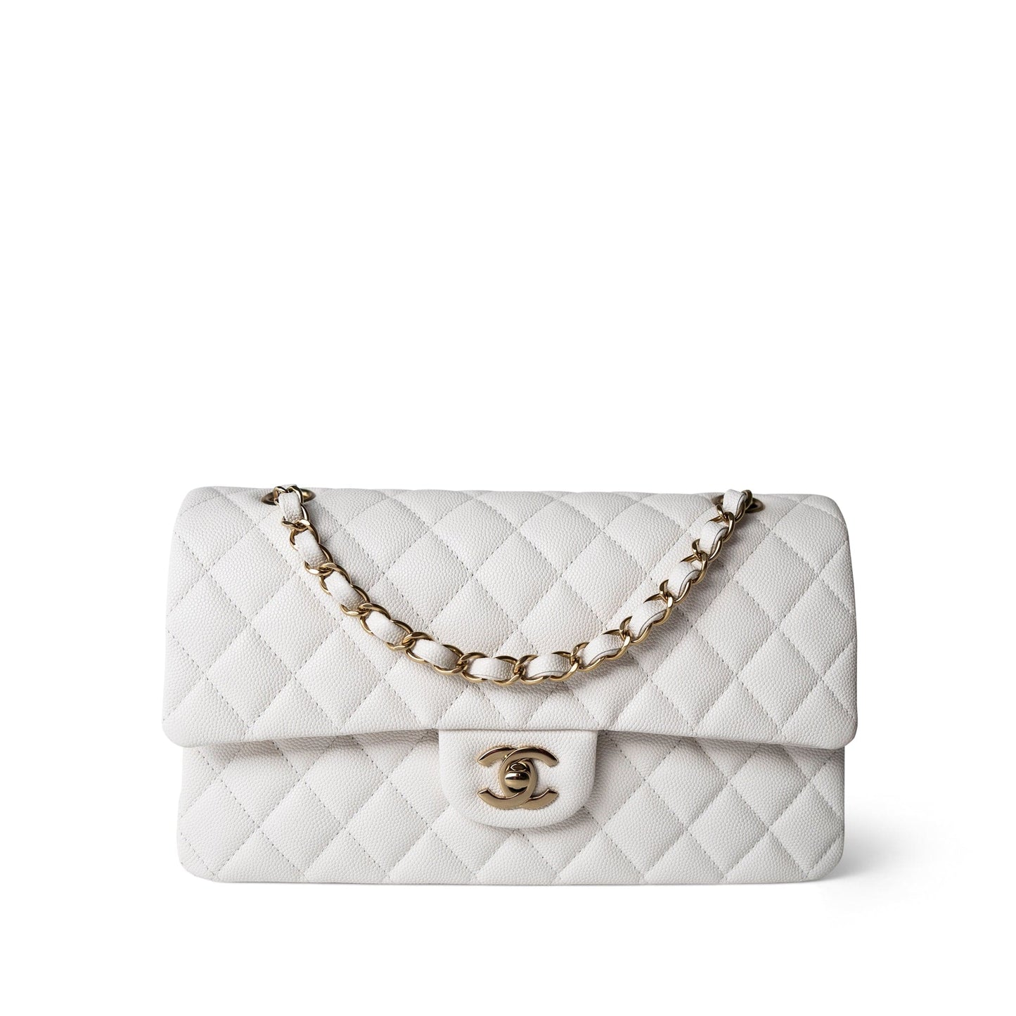 22p White/ Ivory Caviar Quilted Classic Flap Medium Light Gold Hardware