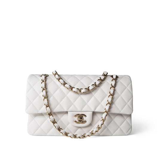22p White/ Ivory Caviar Quilted Classic Flap Medium Light Gold Hardware
