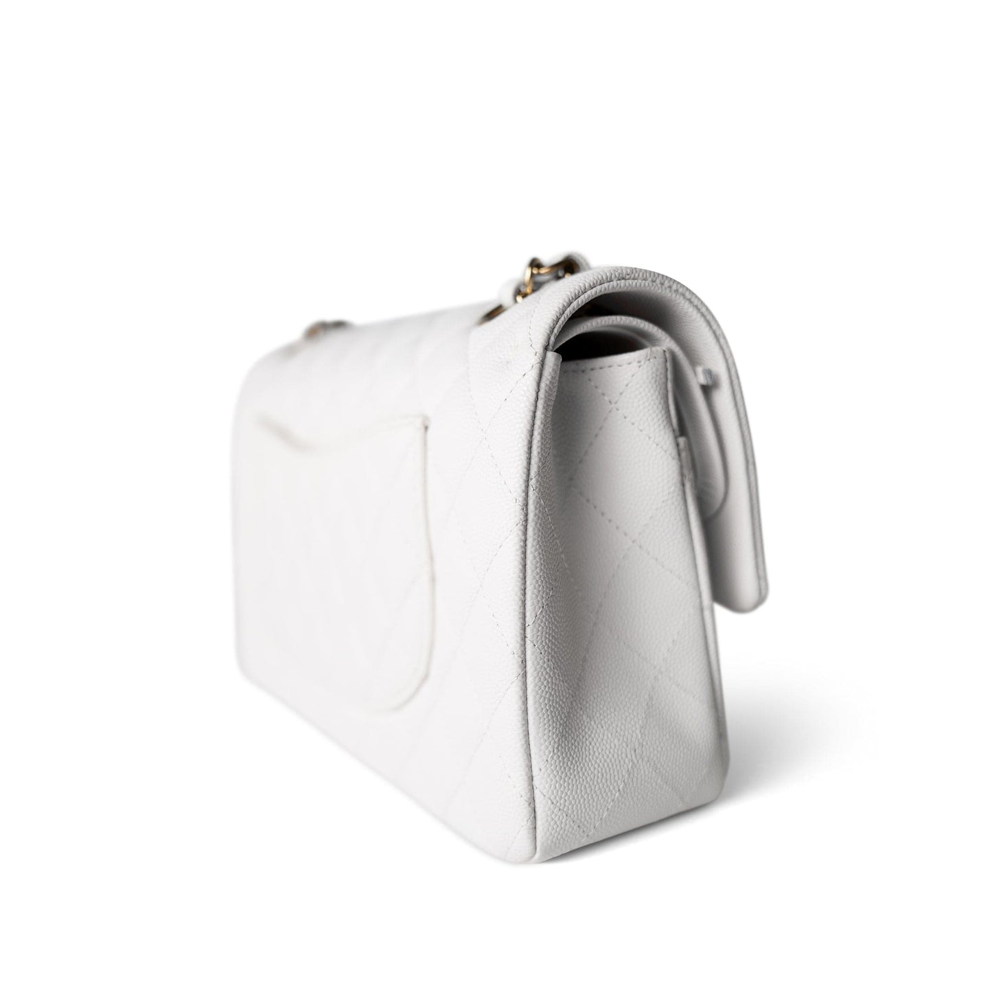 22p White/ Ivory Caviar Quilted Classic Flap Medium Light Gold Hardware