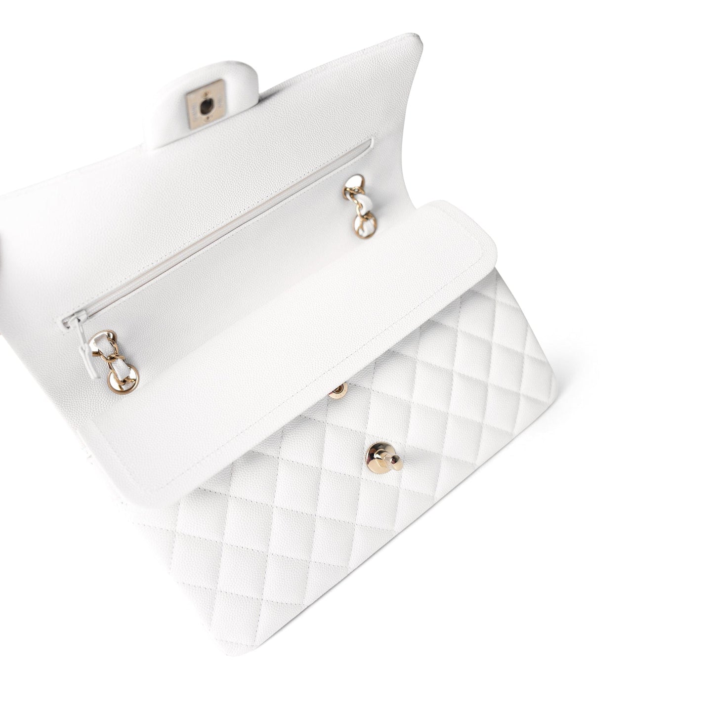 22p White/ Ivory Caviar Quilted Classic Flap Medium Light Gold Hardware