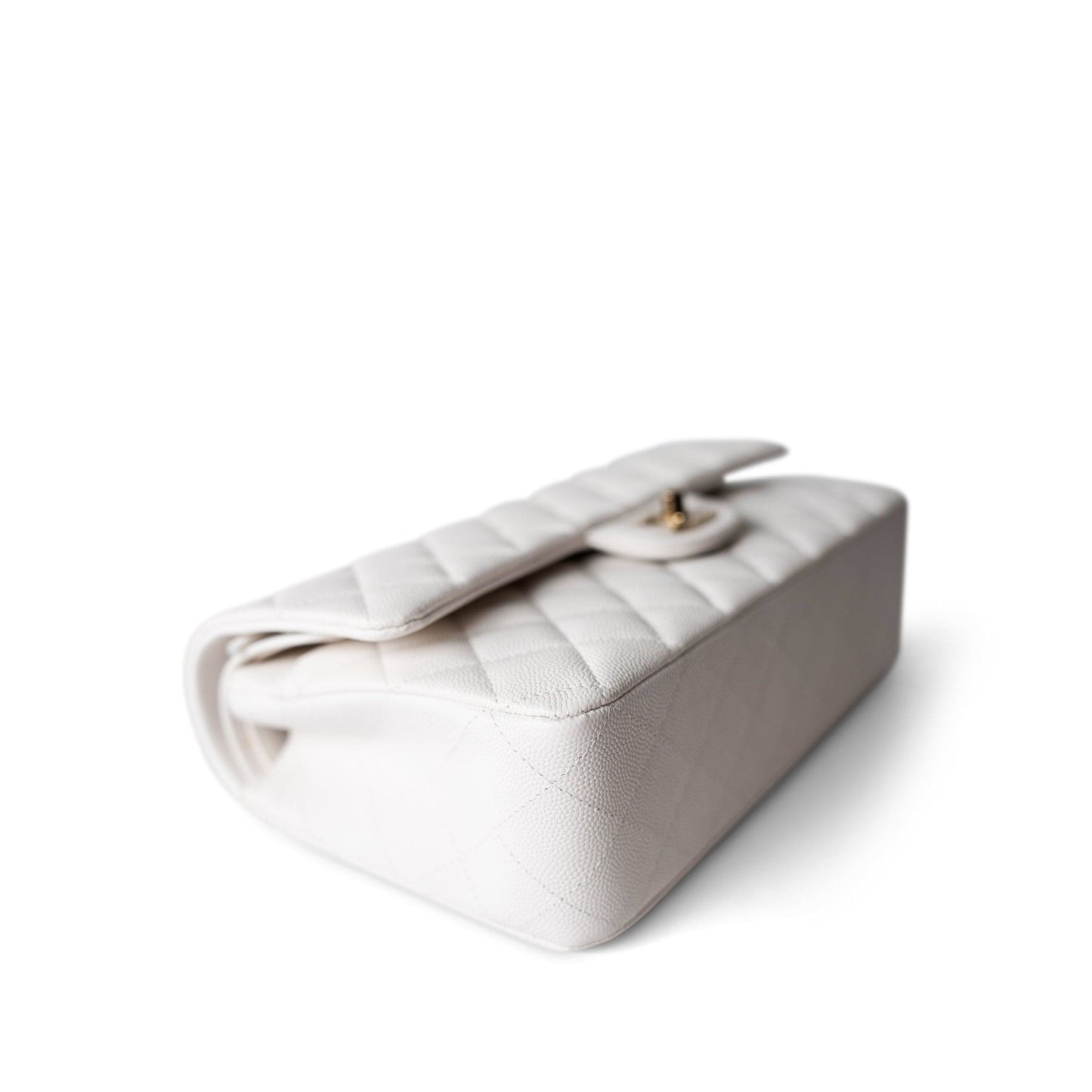 22p White/ Ivory Caviar Quilted Classic Flap Medium Light Gold Hardware