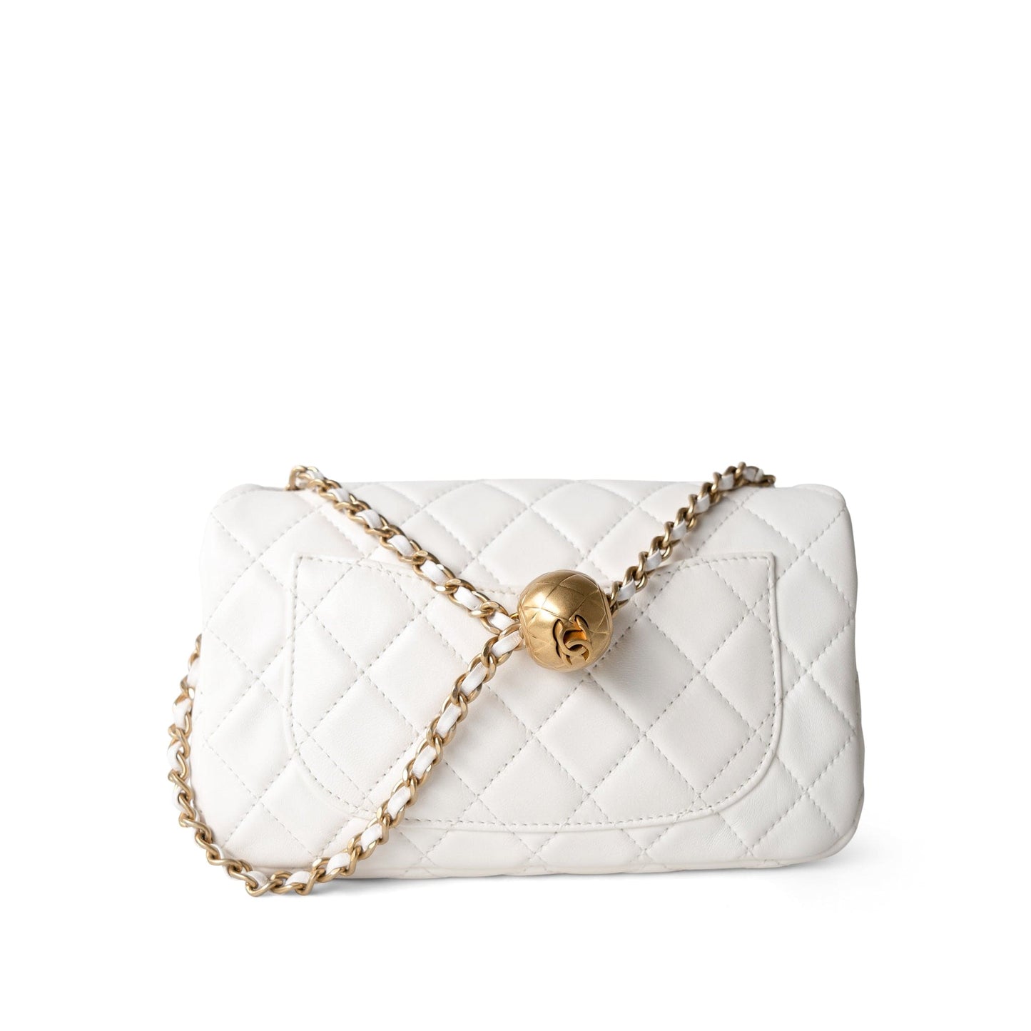 21B White Lambskin Quilted Mini Rectangular Pearl Crush Antique Gold Hardware