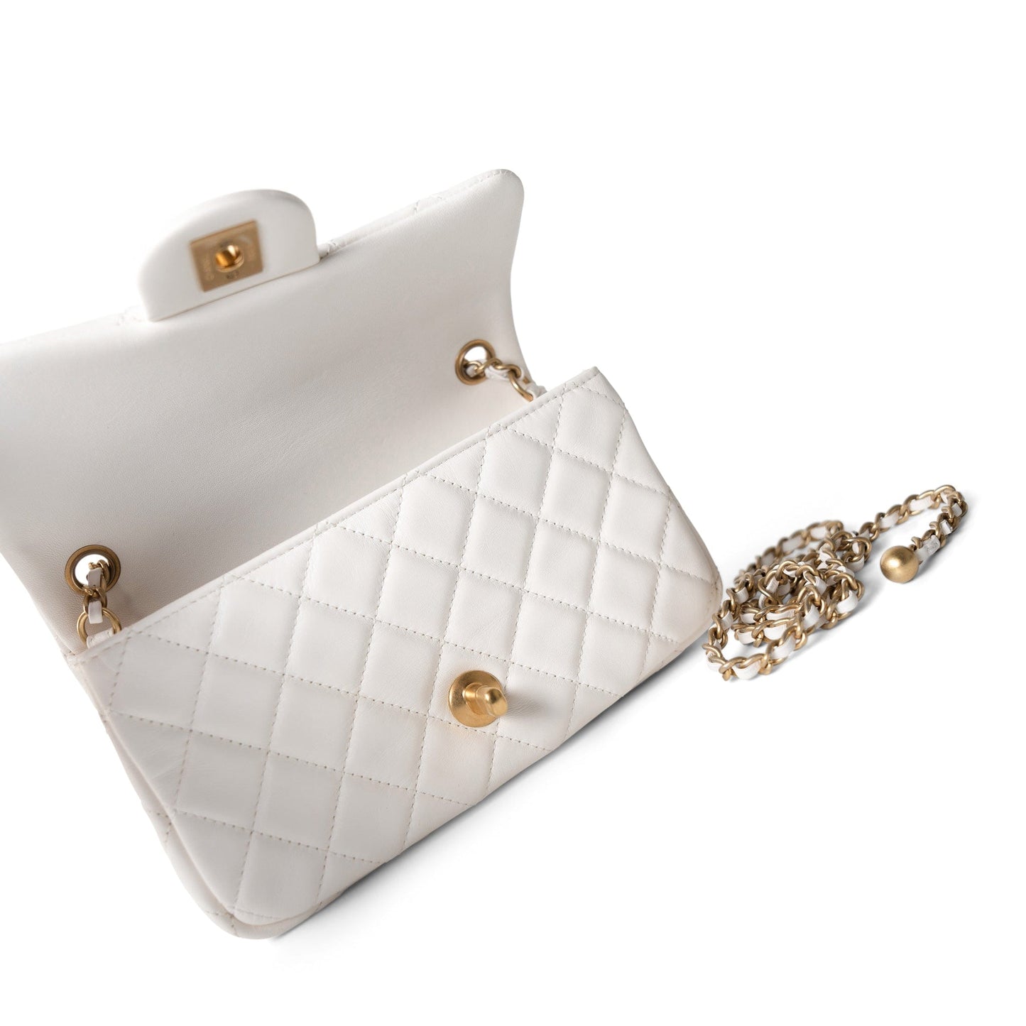 21B White Lambskin Quilted Mini Rectangular Pearl Crush Antique Gold Hardware