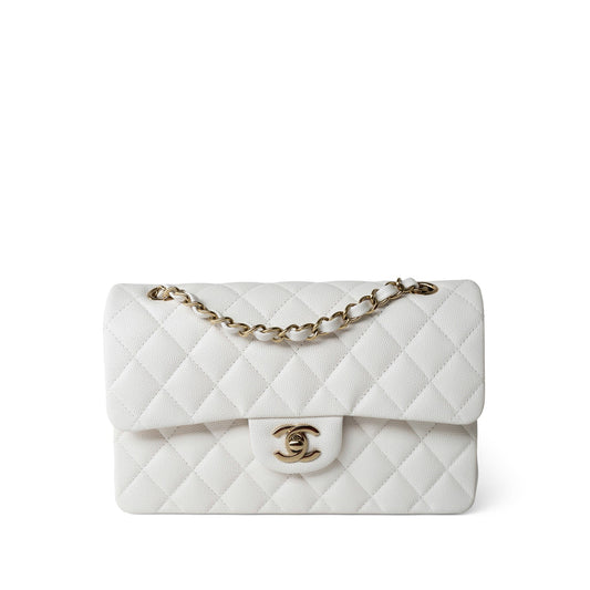 White Caviar Quilted Classic Flap Small Light Gold Hardware