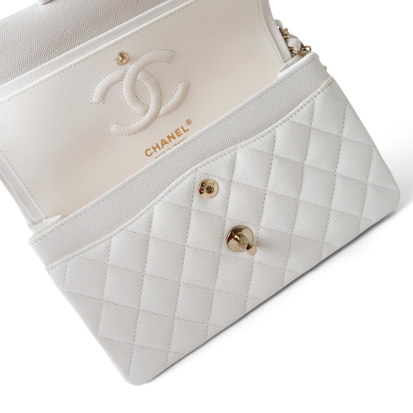 White Caviar Quilted Classic Flap Small Light Gold Hardware