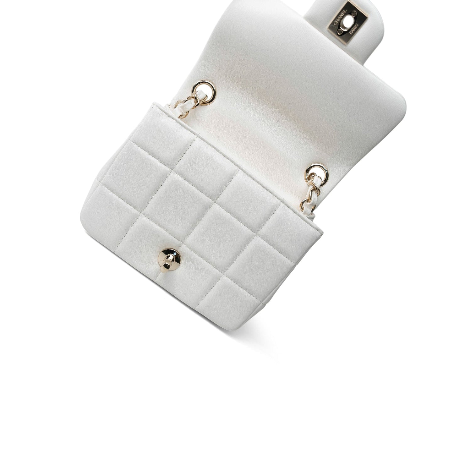 White Lambskin Resin Crystal Square Quilted Monacoco Mini Square Flap