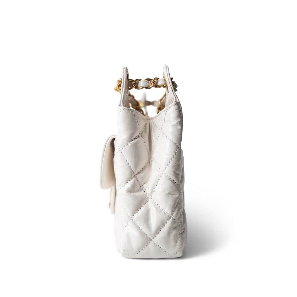 White Shiny Crumpled Calfskin Hobo Bag Small Aged Gold Hardware