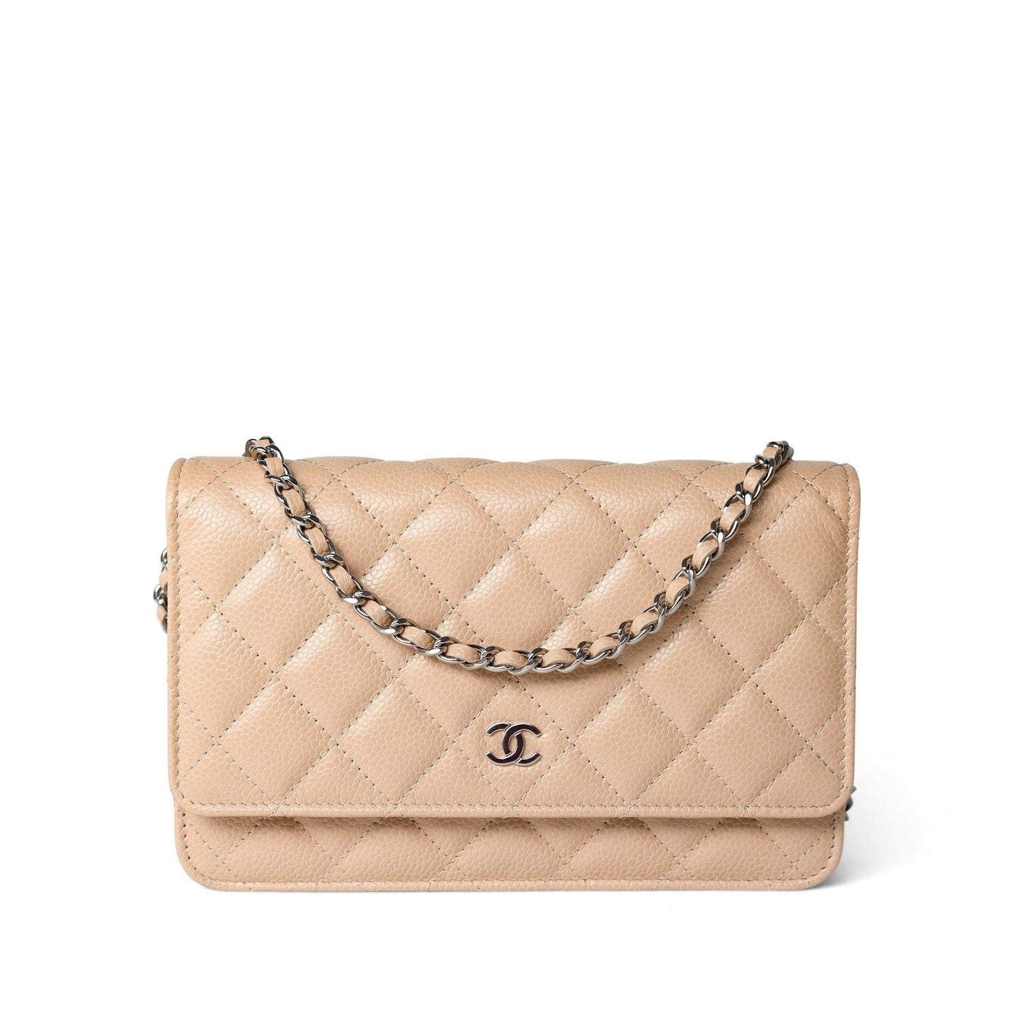 Beige Clair Caviar Quilted Wallet on Chain WOC Silver Hardware