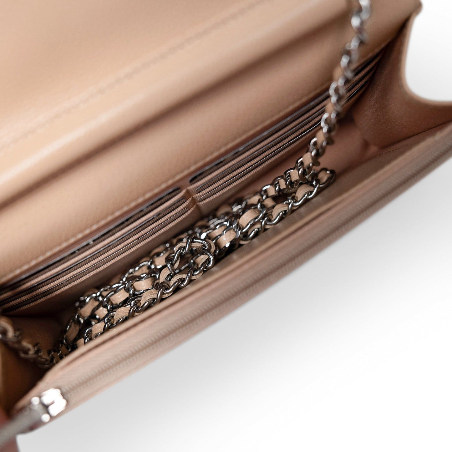 Beige Clair Caviar Quilted Wallet on Chain WOC Silver Hardware