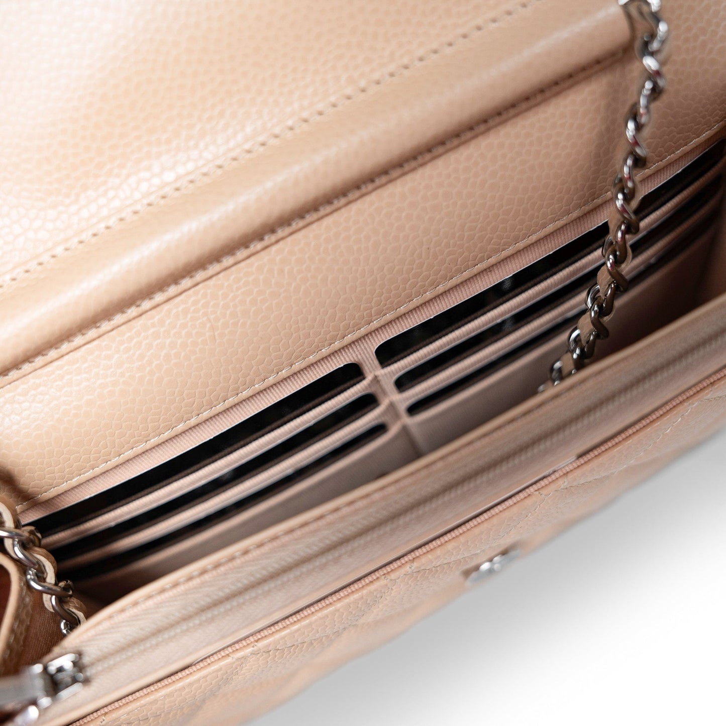 Beige Clair Caviar Quilted Wallet on Chain WOC Silver Hardware