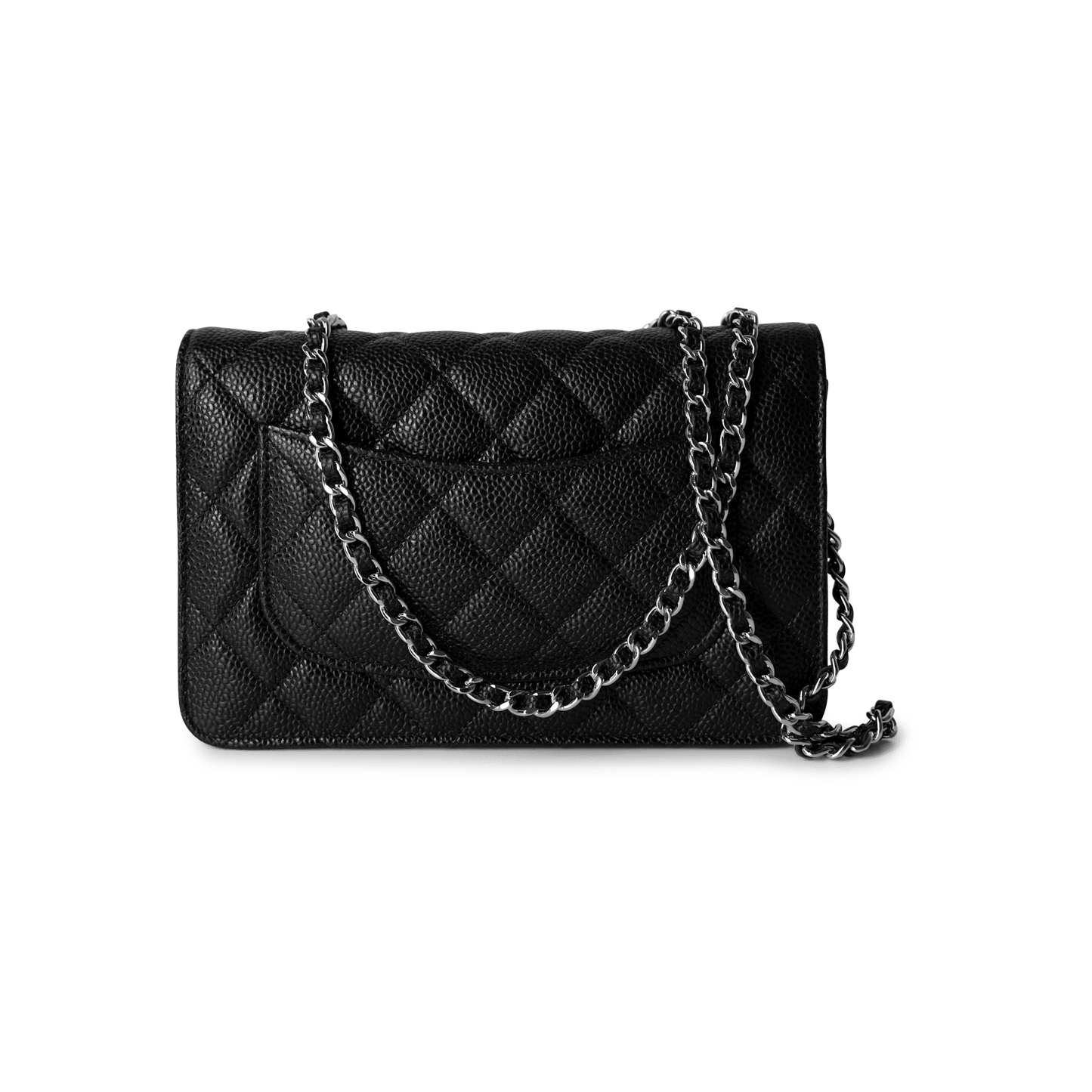 Black Caviar Quilted Wallet on Chain Silver Hardware