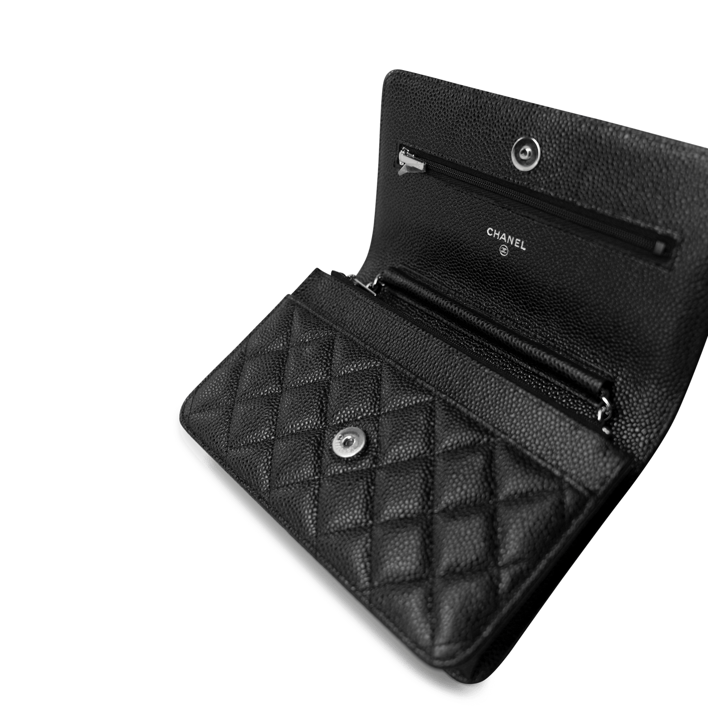 Black Caviar Quilted Wallet on Chain Silver Hardware