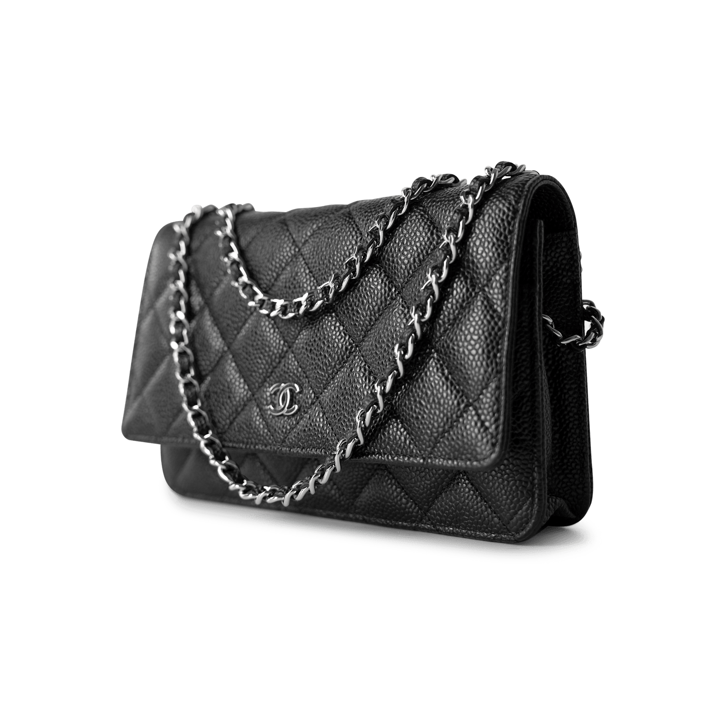 Black Caviar Quilted Wallet on Chain Silver Hardware