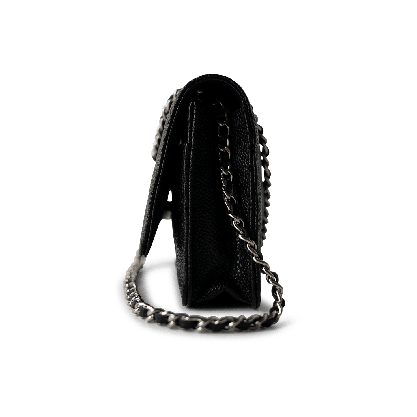 Black Caviar Quilted Wallet on Chain Silver Hardware
