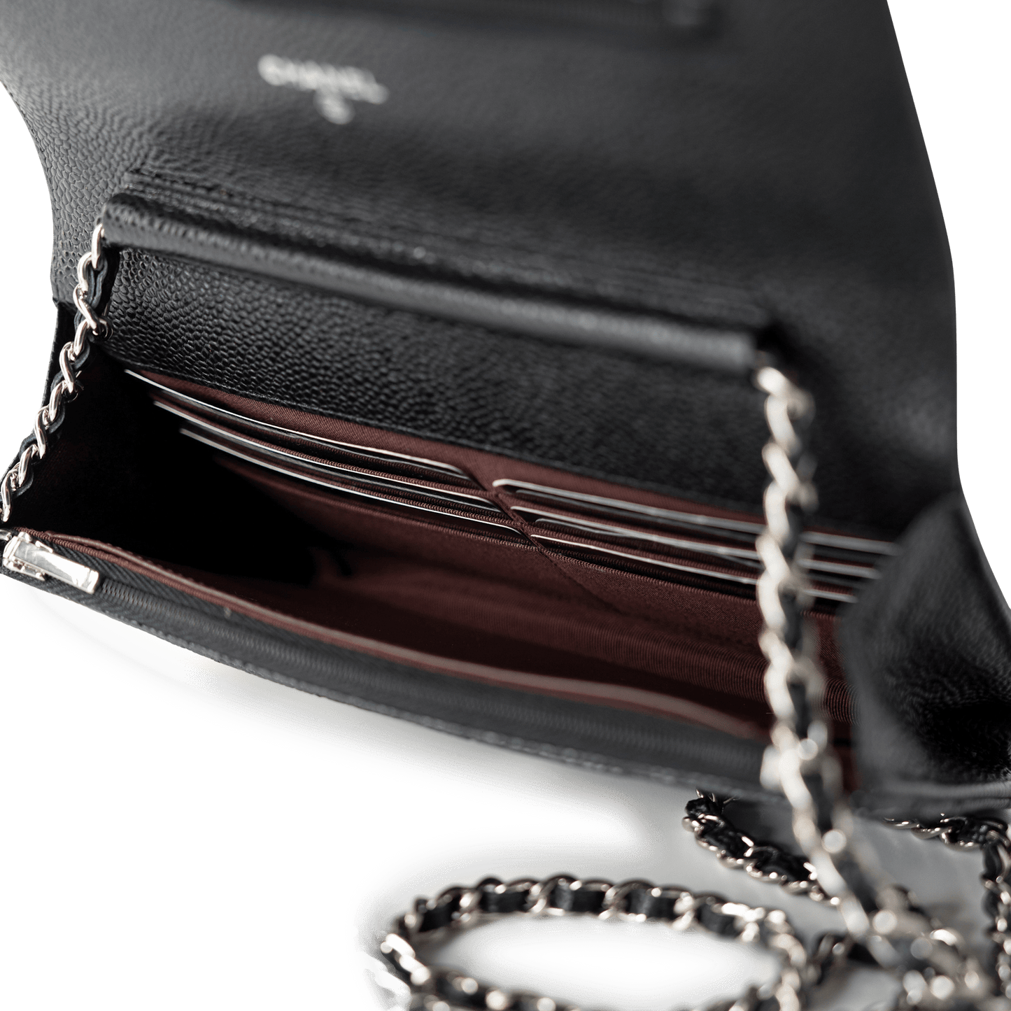 Black Caviar Quilted Wallet on Chain Silver Hardware
