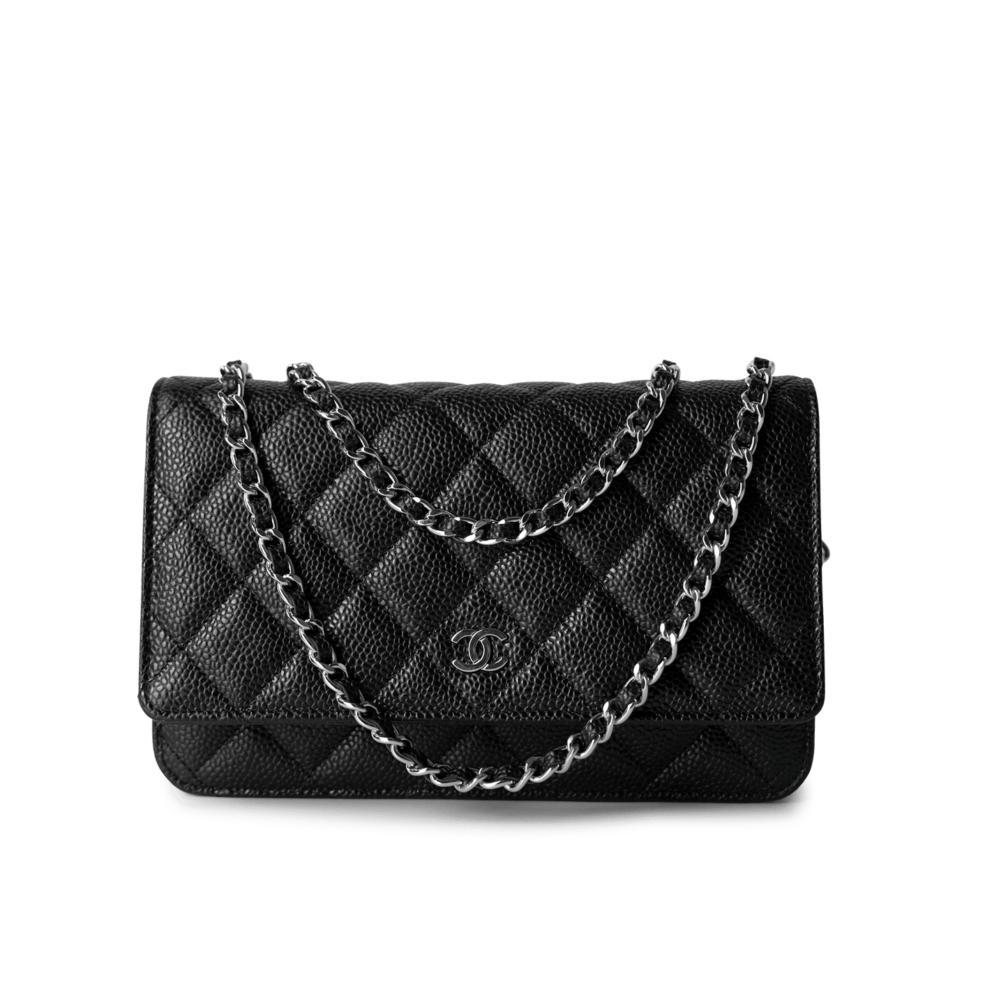 Black Caviar Quilted Wallet on Chain Silver Hardware