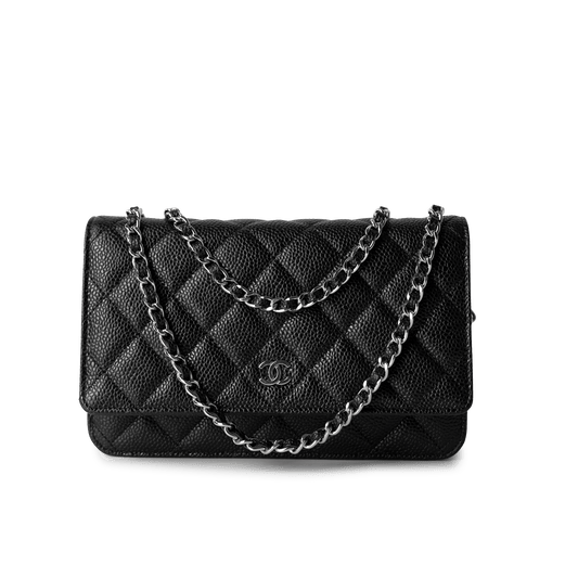 Black Caviar Quilted Wallet on Chain Silver Hardware