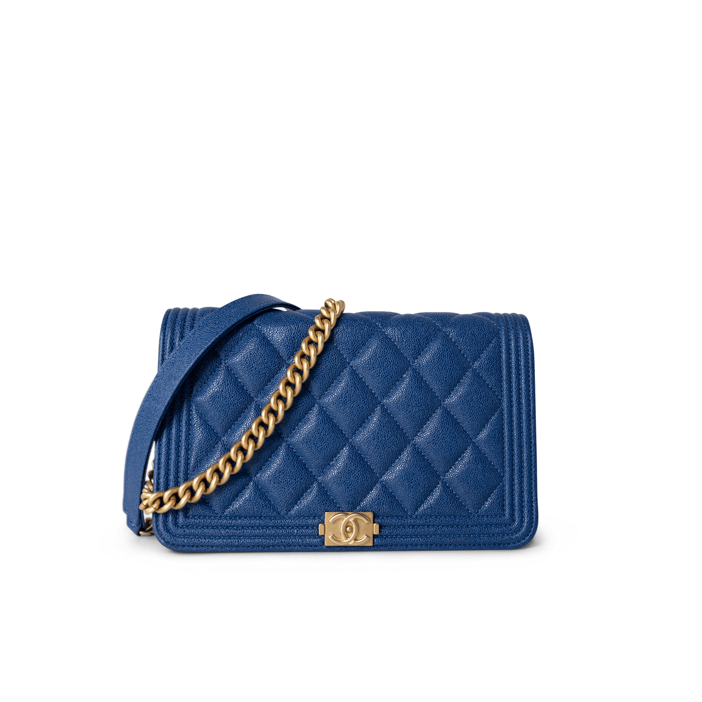 19A Blue Caviar Quilted Boy Wallet On Chain WOC Antique Gold Hardware