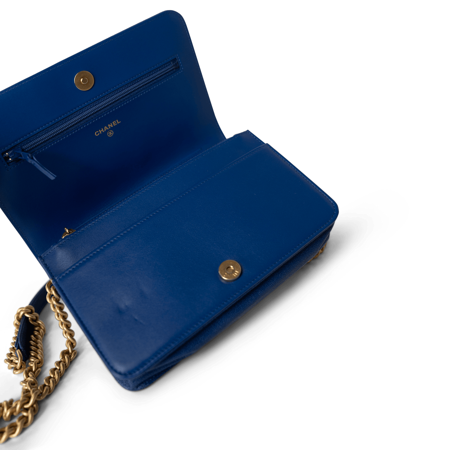 19A Blue Caviar Quilted Boy Wallet On Chain WOC Antique Gold Hardware