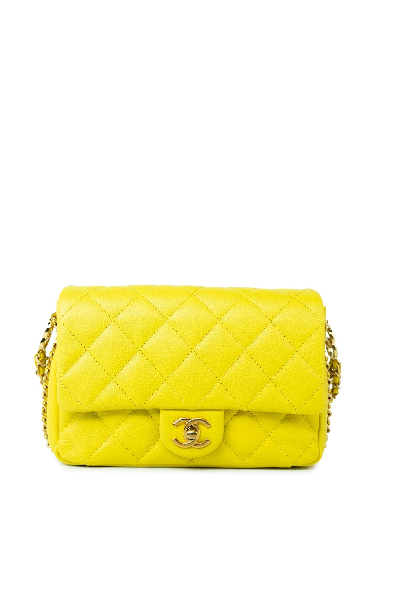 23C Neon Yellow Caviar Quilted Coco You Mini Flap Bag Light Gold Hardware
