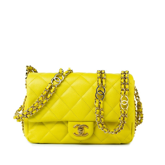 23C Neon Yellow Caviar Quilted Coco You Mini Flap Bag Light Gold Hardware