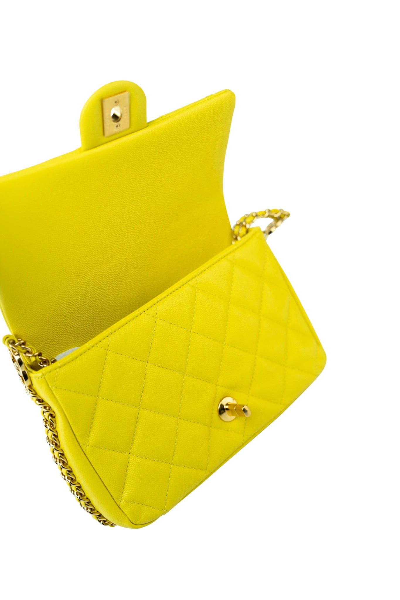 23C Neon Yellow Caviar Quilted Coco You Mini Flap Bag Light Gold Hardware