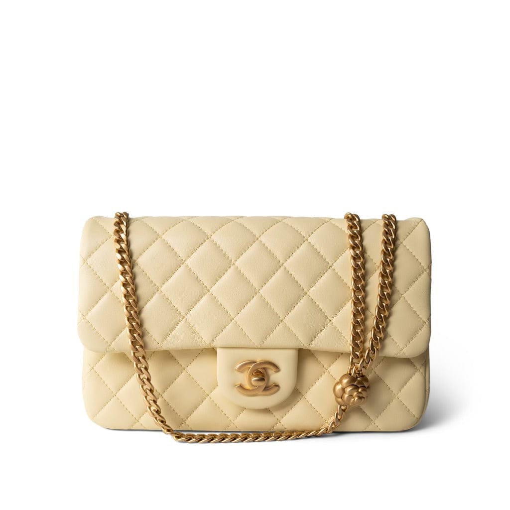 23S Light Yellow Lambskin Quilted Sweet Camelia Medium Single Flap Aged Gold Hardware