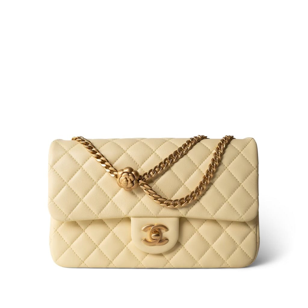 23S Light Yellow Lambskin Quilted Sweet Camelia Medium Single Flap Aged Gold Hardware