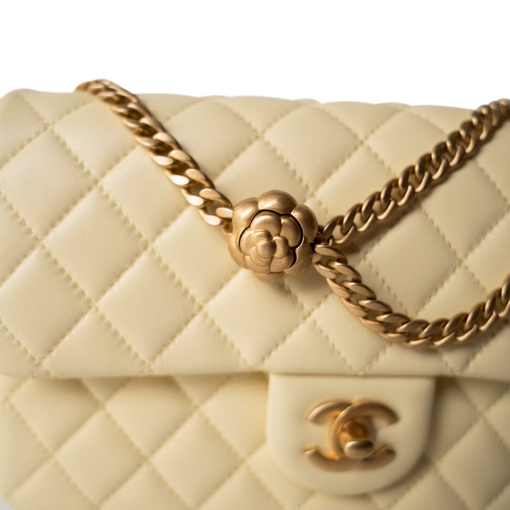 23S Light Yellow Lambskin Quilted Sweet Camelia Medium Single Flap Aged Gold Hardware