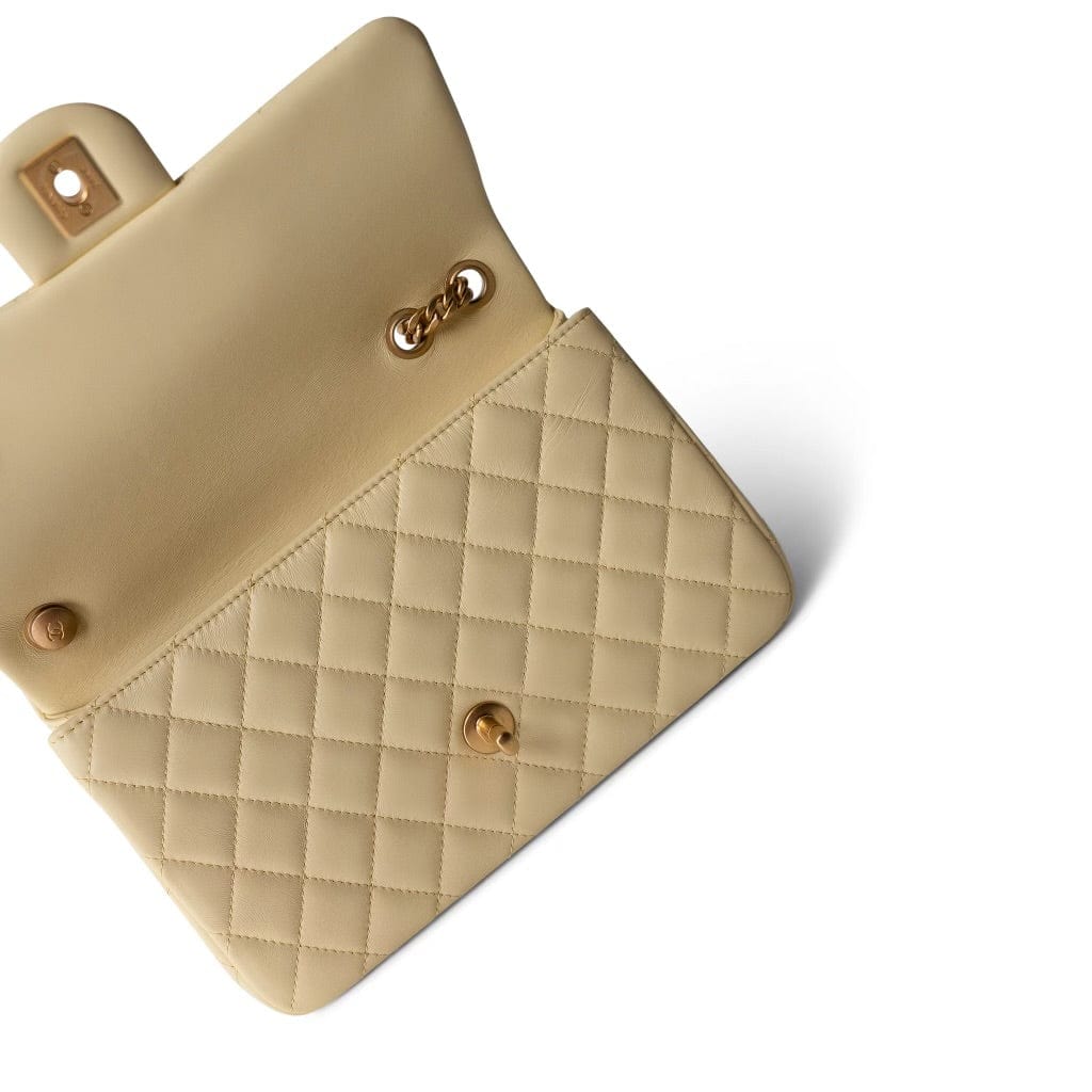 23S Light Yellow Lambskin Quilted Sweet Camelia Medium Single Flap Aged Gold Hardware