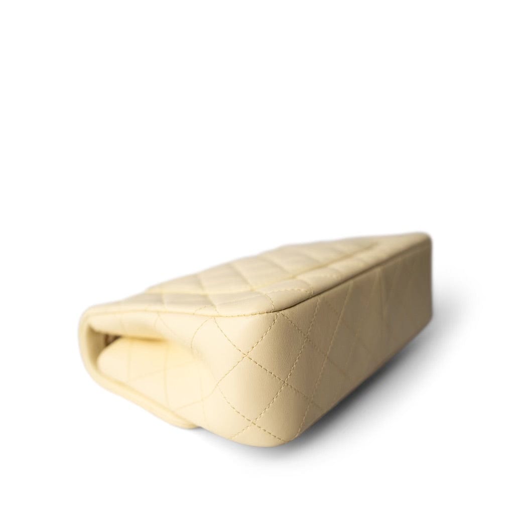 23S Light Yellow Lambskin Quilted Sweet Camelia Medium Single Flap Aged Gold Hardware